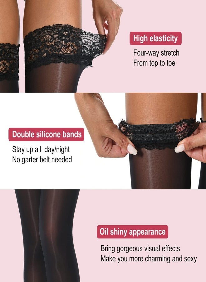 MANZI Sheer Shiny Thigh High Stockings 2 Pairs Silky lingerie Pantyhose for Women with Stay Up Silicone Lace Top(1 Natural+1 Black, L/XL) - Image 4